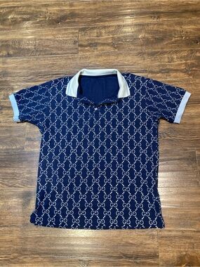 Gucci Navy Polo with White Monogram Pattern and Contrast Trim